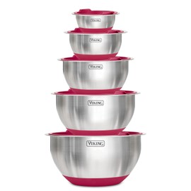 Viking Culinary Stainless Steel Mixing Bowl Set, 10 piece, Non-slip Silicone Base, Includes Airtight Lids, Dishwasher Safe, Red