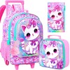 4PCS Rolling Backpack for Girls, Cat Roller School Bookbag with