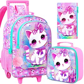 4PCS Rolling Backpack for Girls, Cat Roller School Bookbag with Lunch Bag, Kids Water Resistant Wheeled Backpacks for Teens Elementary Trave