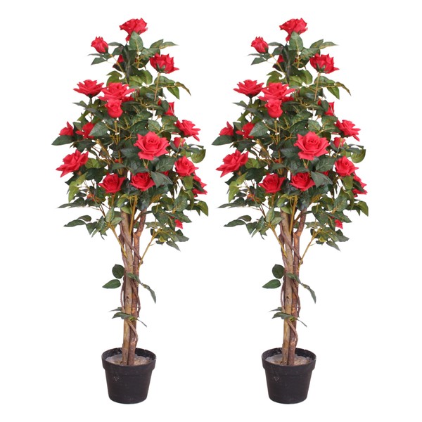 Pair AMERIQUE 4 Feet Artificial Plant Red Rose Trees with