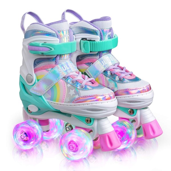 SULIFEEL Rainbow Unicorn 4 Size Adjustable Light up Roller Skates for Girls Boys for Kids Small(10C-13C US)