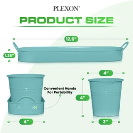 Plexon Herb Planter Indoor Garden Set of 3 with Tray, Metal Herb Pots for Indoor Plants, Round Kitchen Garden Kit Ideal for Windowsill Planter or Countertop, Tiffany Blue Powder Coated