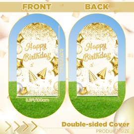 White Gold Happy Birthday Arch Cover 6.6x3ft 2-Sided White Gold Round Top Birthday Arch Backdrop Covers Arch Background Cover Panels for Women Birthday Party Banner Photo Props Supplies (No Frame)