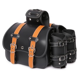 KZNI Motorcycle Saddlebags|Throw Over Saddle bags|Pvc Faux Leather Side Tool Bags with cup holder|Storage Tool Bag for Motorbike|Universal Motorcycle Accessories|Waterproof|1Pair|two-color belt| M