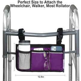 Wheelchair Side Bag, Wheelchair Armrest Storage Pouch with Cup Holder and Reflective Strip for Wheelchairs, Walkers or Rollators (Purple)