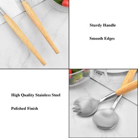 Set of 2 Salad Servers Stainless Steel Salad Servers with Wooden Handle, Salad Servers Small for Fruit, Salad, Soup, Pasta (28.5 cm)