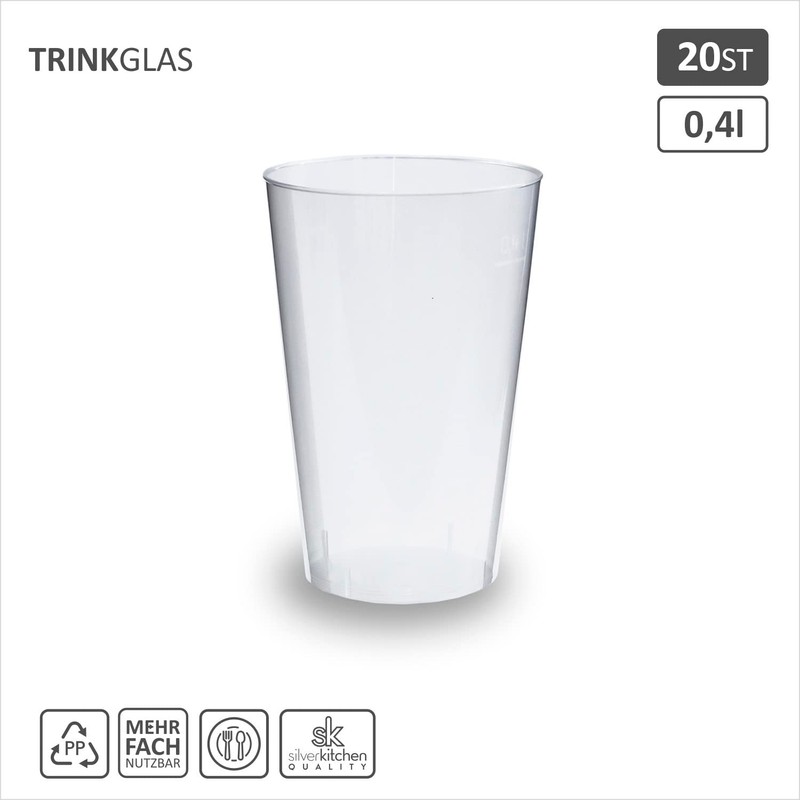silverkitchen 20x Trinkbecher 400ml - flexible Mehrwegbecher wiederverwendbare Plastikbecher transparent