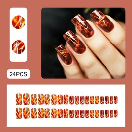 NGMATY Flame Press on Nails Short Coffin Fake Nails with Flame Stripes Designs-Glossy False Nails Full Cover Acrylic Nails Square Glue On Nails Stick on Nails for Women (Dark Red Striped)