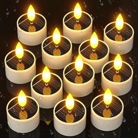 SoulBay Solar Tea Lights Outdoor, 12 pcs 1.5" D x 2.1" H Waterproof LED Flickering Small Tealight Candles, Auto Light Up at Night, Flameless Battery Candle for Lanterns Patio Garden Camping Decor
