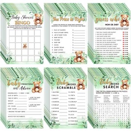 Jetec 302 Pcs Bear Baby Shower Game, 6 Games, 50 Sheets Each, Baby Shower Bingo, Baby Word Scramble, Baby Word Search, Baby Predictions and Advice, The Price is Right, Guess Who (Greenery Bear)