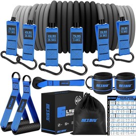 Heavy Exercise Bands Resistance Bands Set for Working Out, 300lbs Fitness Workout Bands with Handles, Door Anchor, Leg Ankle Straps, Home Gym Workout Equipment for Men Strength Training Stretching - Colour: Blue
