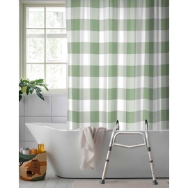 Qiaullityot Split Shower Curtain for Transfer Bench, Sage Green Checkered Waterproof Shower Curtains, Farmhouse Plaid Washable Shower Curtain, Green White Buffalo Fabric Bathroom Curtains Set 72"x72"