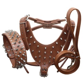 Bbmmayy Leather Spiked Dog Harness and Collar Set, Large Breeds Bull Terriers, Labradors, Dobermans, Durable Leather Harness with Metal Studs and Matching Collar Leash 3Pcs Set (Studs Brown, M)