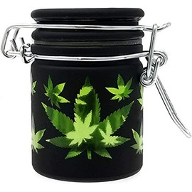 Airtight Glass Herb Mini Stash Jar with Clamping Lid in Choice of Design (Black Frosted with Green Leaf)
