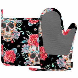 Mxocom Skull and Roses Oven Mitts and Pot Holders Sets Vintage Watercolor Cactus Boho Style Skull Day of The Dead Silicone Heat Resistant Kitchen Oven Gloves Pot Holder for Cooking