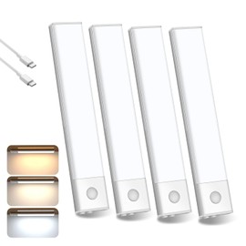 HEEDU 4PCS Luces para Debajo del Clóset, Luz Led con Sensor de Movimiento, 3 Modos, 3 Colores, Brillo Ajustable, Lámpara de Armario Autoadhesiva para Recámara, Clóset, Pasillo, Escaleras