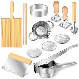 10 Pcs Gnocchi Board Set Includes Ravioli Pasta Cutter Wheel, Manual Stainless Steel Potato Masher with 3 Removable and Interchangeable Discs for Homemade Gnocchi and Pasta Kitchen Gift Idea