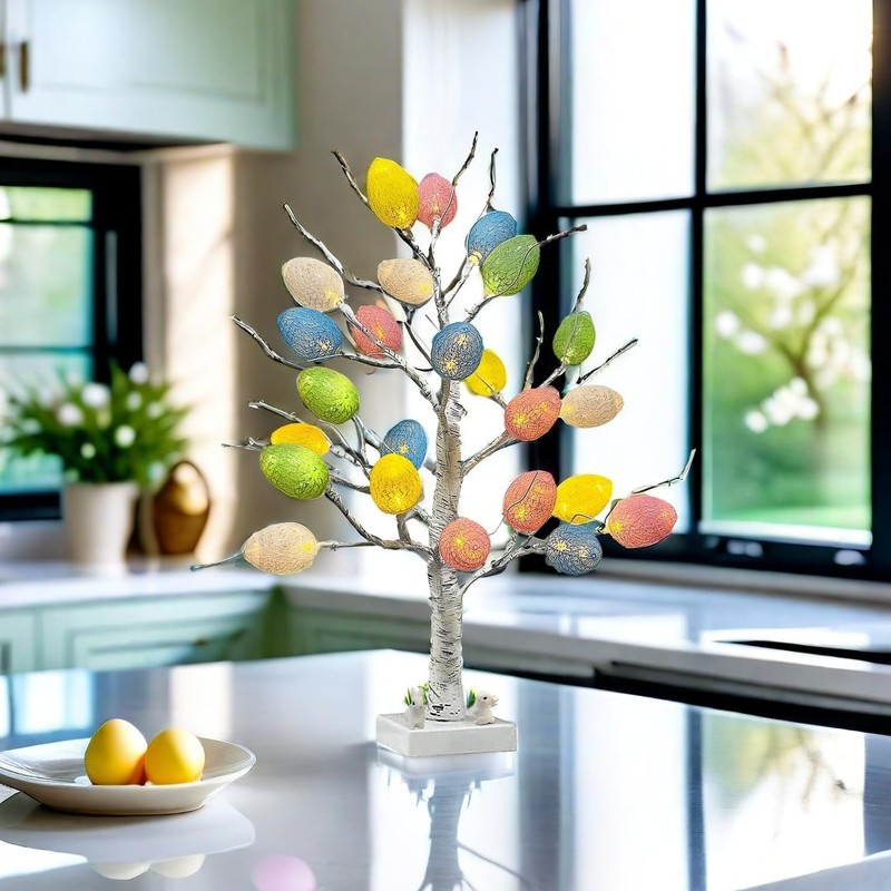 ApisNest Pre-lit Easter Tree Decorations,24 Inch Easter Birch Tree with