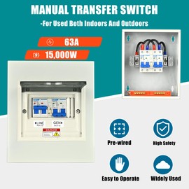 Transfer Switch for Home Generator, Upgraded 63 Amp Generator Transfer Switch, 120/240V Manual Transfer Switch for Outdoor and Indoor Use (Pre-Wired)