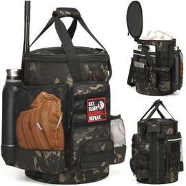 SunForMorning Baseball Bucket Bag Baseball Coaching Accessories Organizer Softball Bucket Bag with Anti-Slip Bottom & Multiple Pockets for Bat, Gloves, Scoreboards, Black Camo
