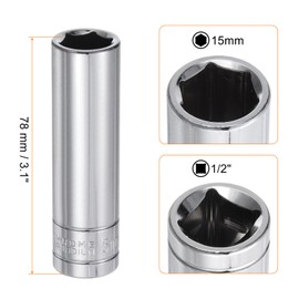 sourcing map 6-Point Socket 1/2" Drive 15mm Metric 3.1" Length 45# Steel Deep Sockets Full Polishing Chrome Sockets for Car Repair Mechanical Maintenance Home Use