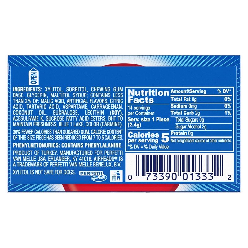 Airheads Candy, Chewing Gum, Blue Rasberry Flavor, Sugar Free, Xylitol,