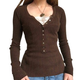 Fairy Grunge Shirts for Women Y2K Tops Long Sleeve Lace Patchwork Tees Teen Girls Vintage Slim Blouse Fall Clothes (Ba Ribbed Knit- Brown, S)