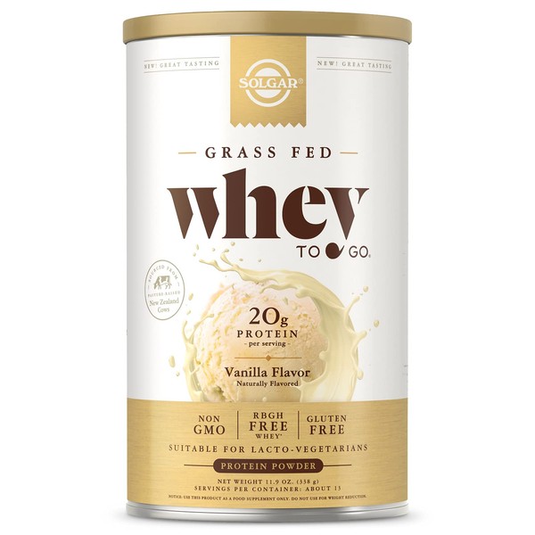 Solgar Grass Fed Whey to Go Protein Powder Vanilla, 11.9 oz - 20g of Grass-Fed Protein from New Zealand cows - Great Tasting & Mixes Easily - Supports Strength & Recovery -, 13 servings