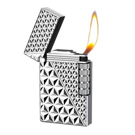 Soft Flame Metal Traditional Cigar Butane Lighter With Adjustable Flame Dial, Vertical Ignition Roller Flint Wheel, Classic Drawing (Silvery-1)
