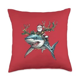 Santa Riding Shark Reindeer Antlers Merry Christmas Shark Throw Pillow