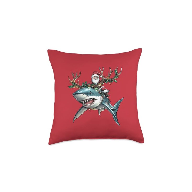 Santa Riding Shark Reindeer Antlers Merry Christmas Shark Throw Pillow