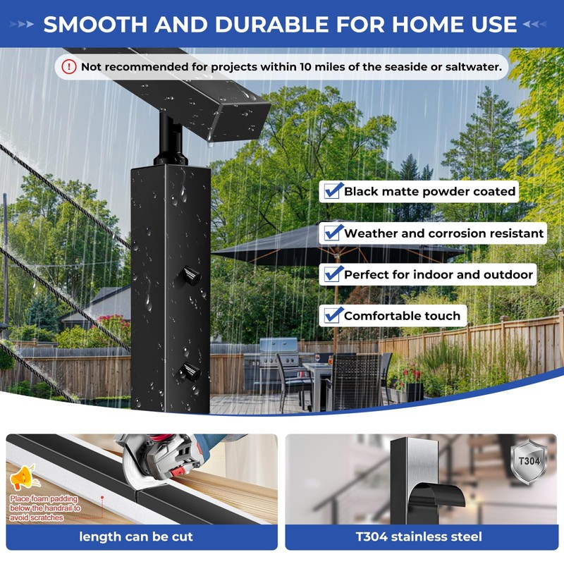 Zylorix 1Pack 6'6" Stainless Steel T304 Black Handrail for Cable