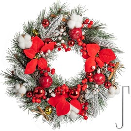 Christmas Door Wreath 20", Artificial Winter Wreath with Hook for Front Door Holiday Wreath with Cotton Red Flower Berries Pine Cones Cinnamon, Christmas Decoration for Windows Wall Outdoor Porch