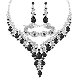 Paxuan Wedding Bridal Bridesmaid Austrian Crystal Rhinestone Jewelry Sets Statement Choker Necklace Drop Dangle Earrings Sets for Wedding Party Prom (Necklace + Earring + Bracelet (Black))