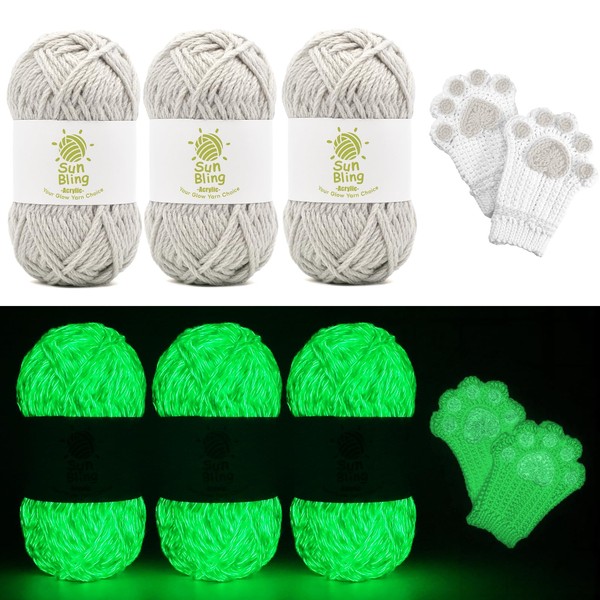 SunBling Crochet Yarn Glow in The Dark, 3 Pack of