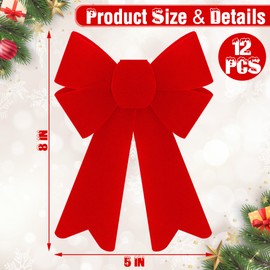 12 PCS Christmas Decor, 5 x 8 Inches Christmas Bows, Red Velvet Bows for Christmas Tree Hanging Red Christmas Bows PVC Outdoor Indoor Large Christmas Bows Xmas Party Supplies Wreath Railing Fence