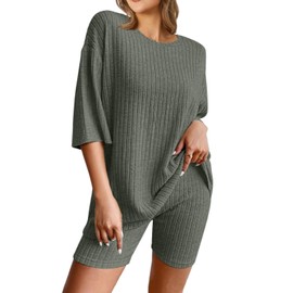 NORACORA Pajamas for Women Set Ribbed Lounge Sets Matching Tshirt Shorts Sleepwear Outfits Going Out Olive