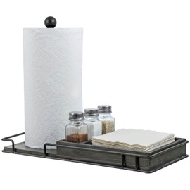 MyGift Vintage Gray Wood and Matte Black Metal Dining Combo Caddy Paper Towel Roll Holder, Napkin Holder, Spice Rack with 3 Shakers