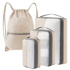 kookoomia 4-Piece Compression Suitcase Organiser Packing Cubes Compression Packing Cube Set Clothes Bags Packing Bags Suitcase Organiser Travel Organiser for Suitcase Backpack (Beige)