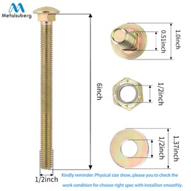 1/2" x 6" Carriage Bolt by Color Galvanization of Square Neck with Nylon Lock nut and Large Size Washer Assortment Kit,Carbon Steel,Grade 2.(8pcs Pack) by Metalsuberg