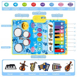 Bibykivn Baby Music Mat from 1 Year, 3-in-1 Music Mat Children, Piano Mat Drum Mat Mat with 6 Musical Instruments, Montessori Toy for Boys Girls 1 2 3 4 5 Years (Blue)
