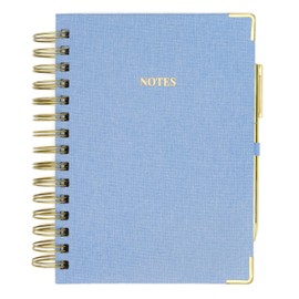 ELYN Lined Spiral Journal, Linen Hardcover Notebook With Matching Gold Gel Pen, 252 Pages, 8 in x 5 in - 100 GSM Premium Thick Paper, Modern Spiral Notebook for Home, Office or Writing Notes, (Blue)