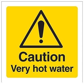 V Safety 62017AF-R Caution Very Hot Water Sign - Square - 100mm x 100mm - 1mm Rigid Plastic, Black/Yellow