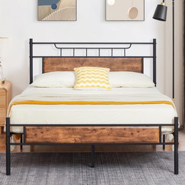 VECELO Full Platform Bed Frame with Wood Headboard/Mattress Foundation/No Box Spring Needed,Brown(Crown)