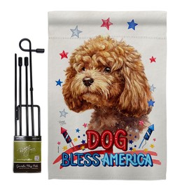 Breeze Decor Patriotic Poodle Garden Flag Set with Stand Animals Dog Puppy Spoiled Paw Canine Fur Pet Nature Farm Animal Creature Small Decorative Gift Yard House Banner Made in USA 13 X 18.5