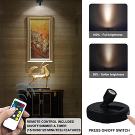 HAMVIDNE LED Spotlights, Battery Powered Picture Lights, Uplighting Indoor, Puck Light with Remote, Plant & Wall Art Display Dartboard Closet Spotlights, Black
