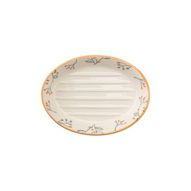 Tranquillo Large Oval Ceramic Soap Dish with Floral Prints, Orange Rim, Hand Painted Shelf 15 x 11 x 3 cm