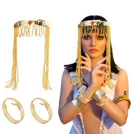 Elitecran 3 Pcs Egyptian Costume Headpiece Crown Beaded Headband with 2 Metal Snake Arm Cuffs Swirl Headband Snake Beaded Headpiece Women's Egyptian Costume Accessory