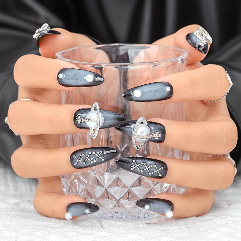 Sethaxy Mine-Based Nail Tip, Long Almond, Gradient, Press-On Nail, Pearl,