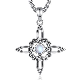 Eudora Hand of Fatima Hamsa Chain Witches Knot Chains for Women S925 Sterling Silver Celtic Knot Moonstone Opal Witcher Necklace Wicca Pendant Amulet Runes Jewellery Gift for Women, Sterling Silver,